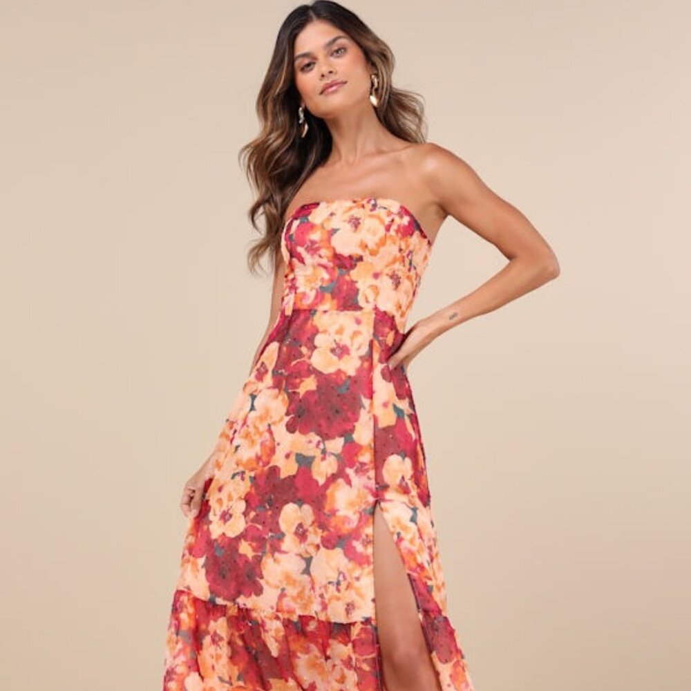 Lulus Bright Perspective Plum And Orange Floral Strapless Midi Dress - Size XL